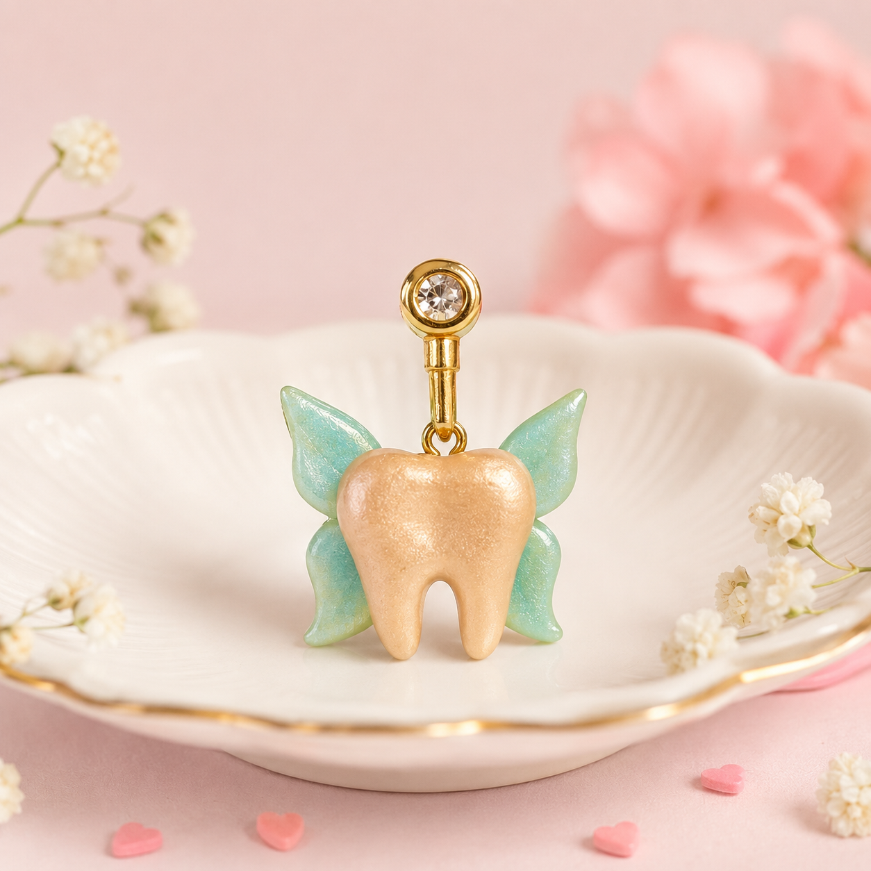 A decorative charm of a tooth with mint-green wings and a shiny peach-colored heart in the shape of a tooth, placed on a white dish with pink flower accents and tiny pink and white heart-shaped decorations around it.