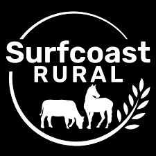 Logo with the words 'Surfcoast RURAL' and images of a buffalo and a goat, surrounded by a circular design with a leaf.