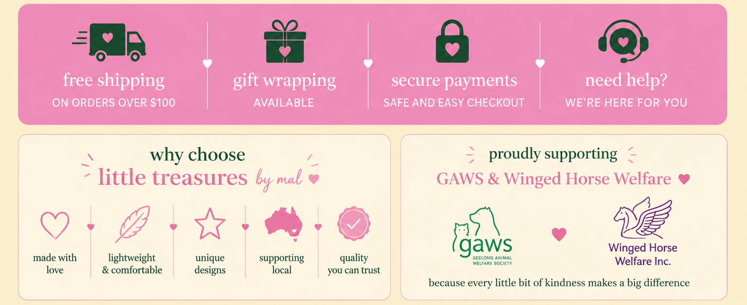 Pink banner at the top with icons and text promoting free shipping on orders over $100, gift wrapping, secure payments, and customer support. Below, two sections: the left explains why to choose the brand, emphasizing love, comfort, unique designs, supporting local, and quality; the right shows support for GAWs and Winged Horse Welfare organizations, with their logos and a note about kindness making a difference.