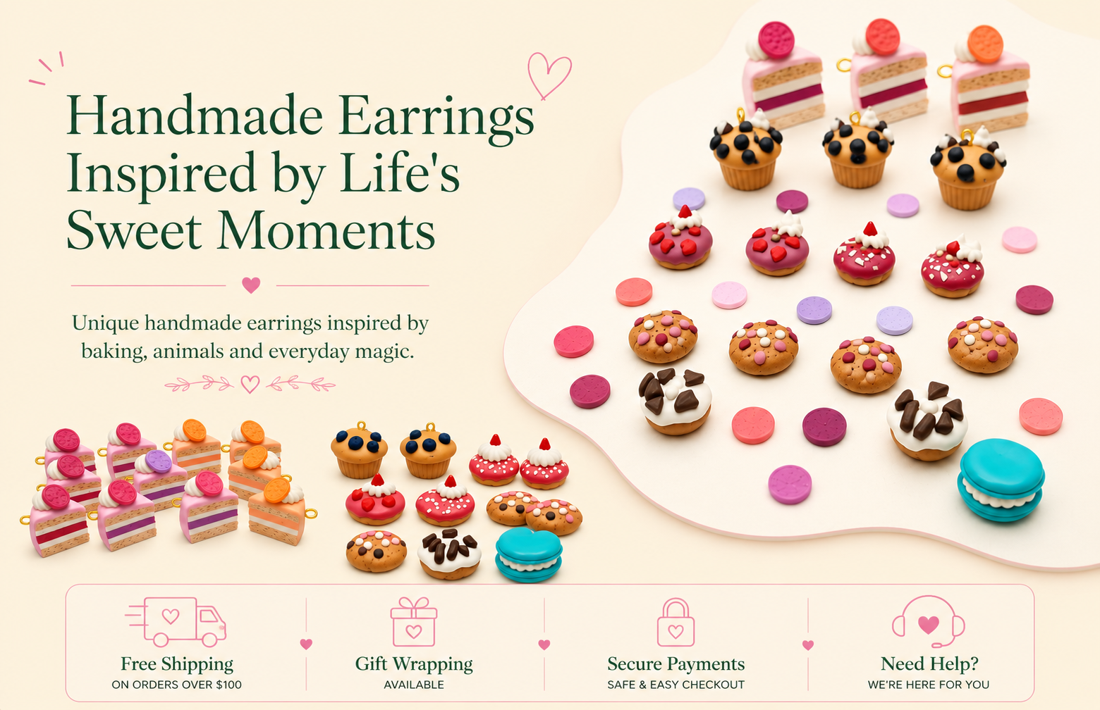 Display of handcrafted earrings inspired by baking, animals, and magic, with various jewelry pieces and decorative elements