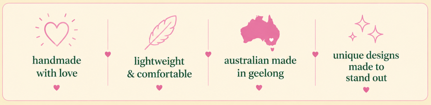 A promotional banner with pink icons and text on a cream background. It highlights features like handmade with love, lightweight and comfortable, Australian made in Geelong, and unique designs made to stand out, separated by vertical lines with small pink hearts.