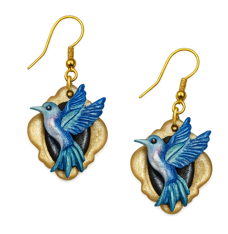 Gold-colored earrings featuring a blue hummingbird design with intricate details and a black background.