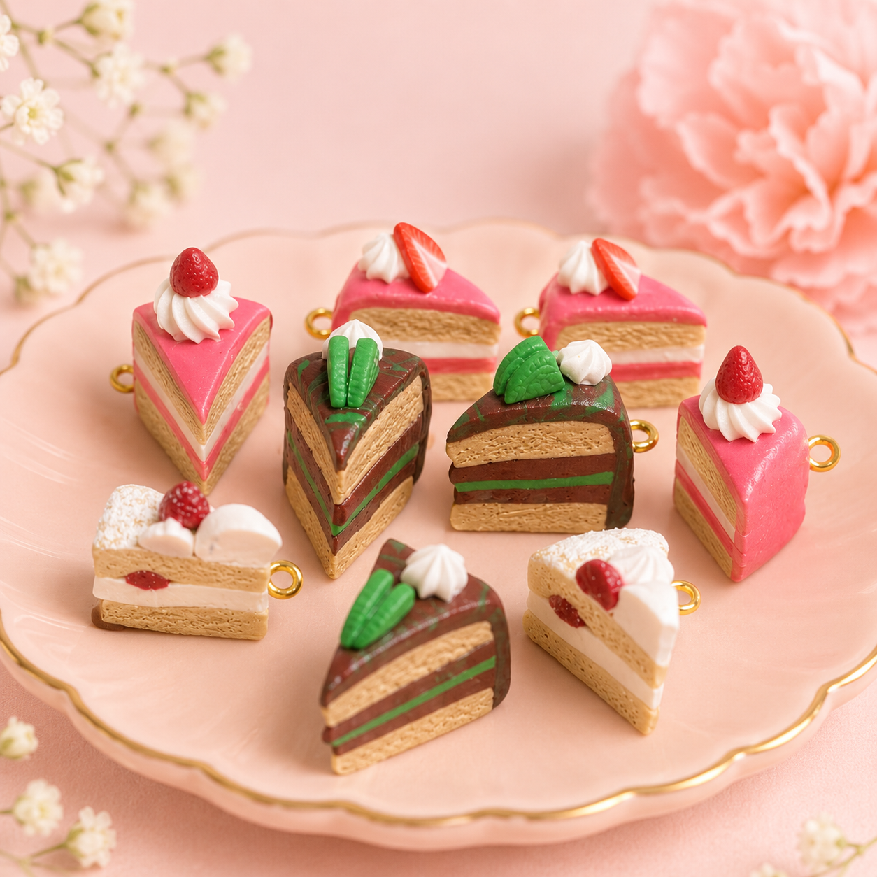 Assorted miniature cake slices decorated with frosting, fruits, and chocolate on a pink platter.