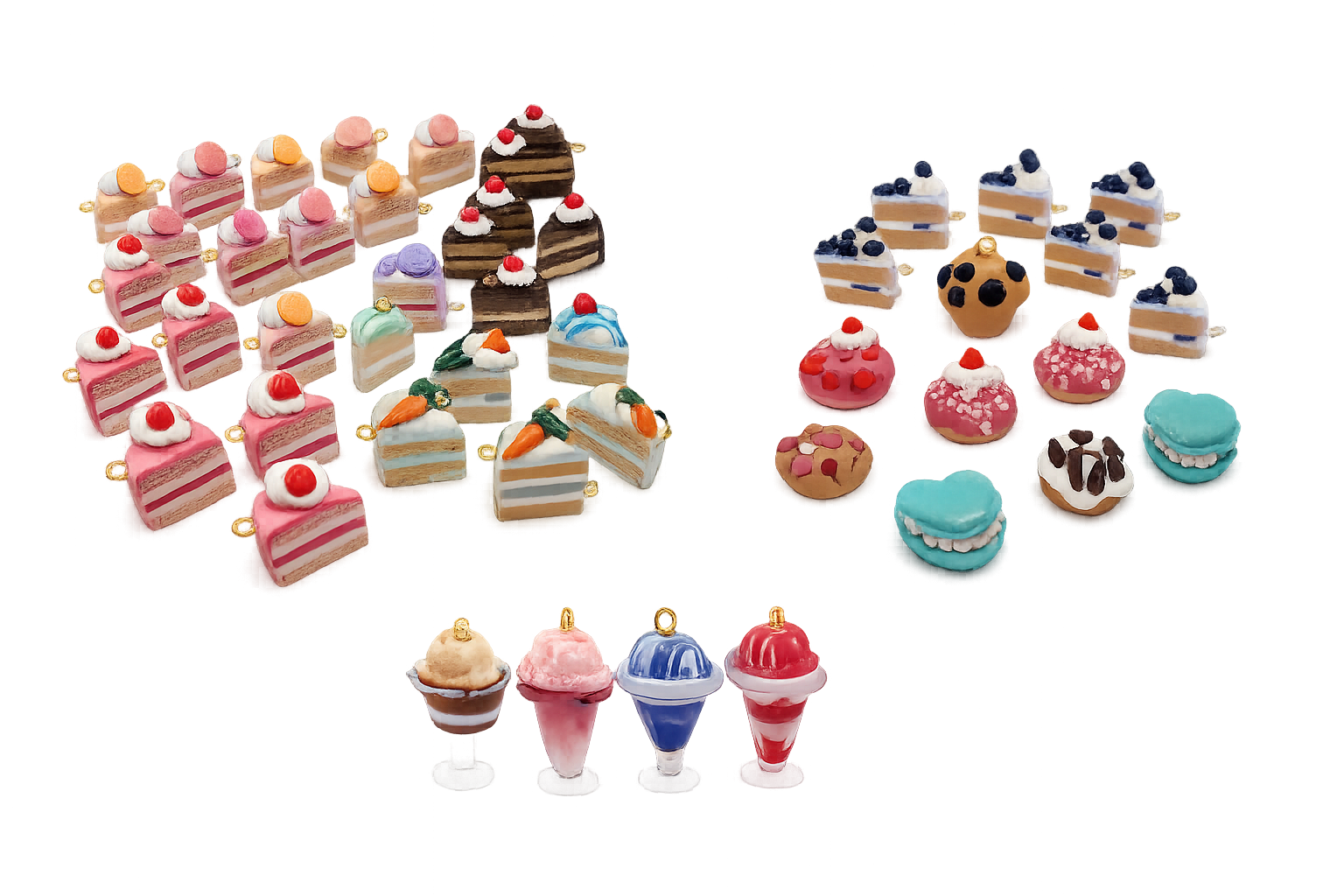 Assorted colorful miniature cakes and desserts arranged on a table.