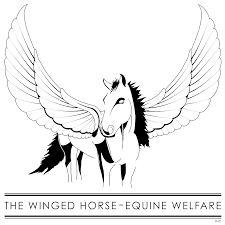A black and white logo of a winged horse with outstretched wings, with the text 'The Winged Horse-Equine Welfare' below.