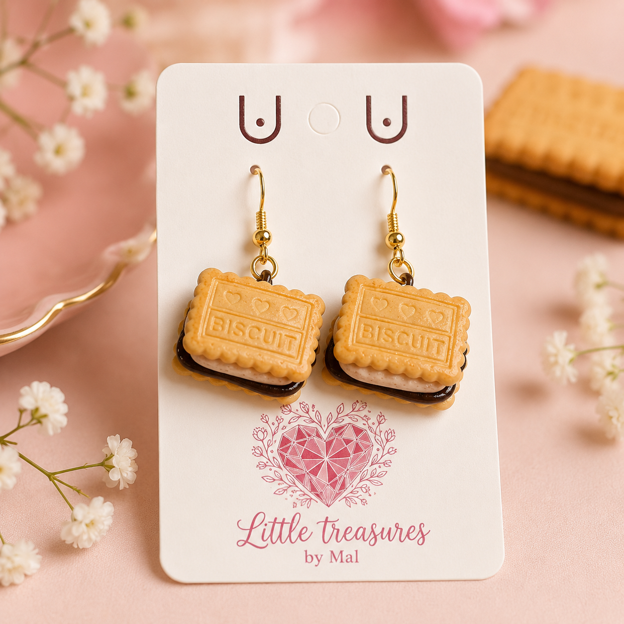 Earrings shaped like biscuit cookies with layered chocolate and cream filling, hanging on display card with pink heart and floral design, on pink background with small white flowers and plate.