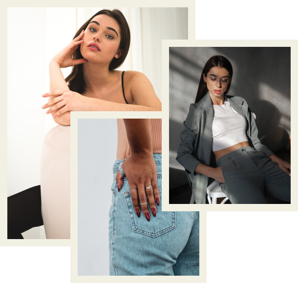 Collage of four photos featuring women and fashion items: a woman with long dark hair posing with her hand on her face, another woman sitting with her eyes closed wearing a suit and crop top, a close-up of a hand with rings on a denim pocket, and a woman with her back to the camera wearing a beige top and blue jeans.