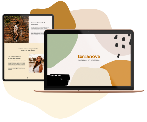Digital workspace featuring a MacBook displaying a presentation titled 'Terranova,' and two tablets showing a blog post with images of a woman and a man against a brick wall.