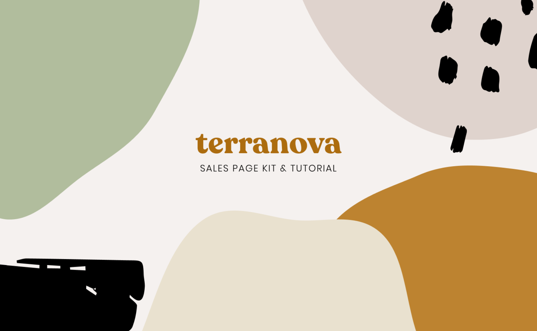 Cover of a sales page kit and tutorial for 'terranova' with abstract shapes in green, beige, orange, black, and gray, with the title text in brown and black.