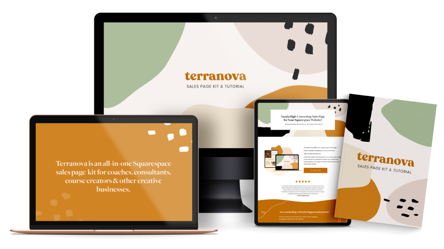 Multiple electronic devices displaying a sales page template for 'Terranova,' a Squarespace sales page kit and tutorial, with colorful abstract shapes and text.