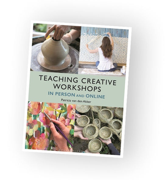 Book titled 'Teaching Creative Workshops' by Patricia van den Akker, featuring images of pottery making, a woman painting on a wall, and hand-rolled baskets.
