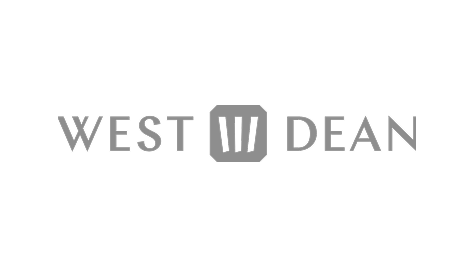 Logo for West Dean with stylized emblem in the center on a black background.