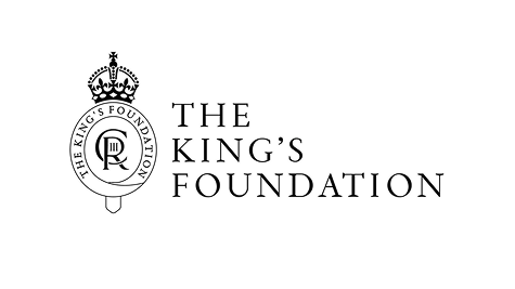 Logo for The King's Foundation featuring a crown and a circular emblem with a fork and knife, with the foundation's name to the right.