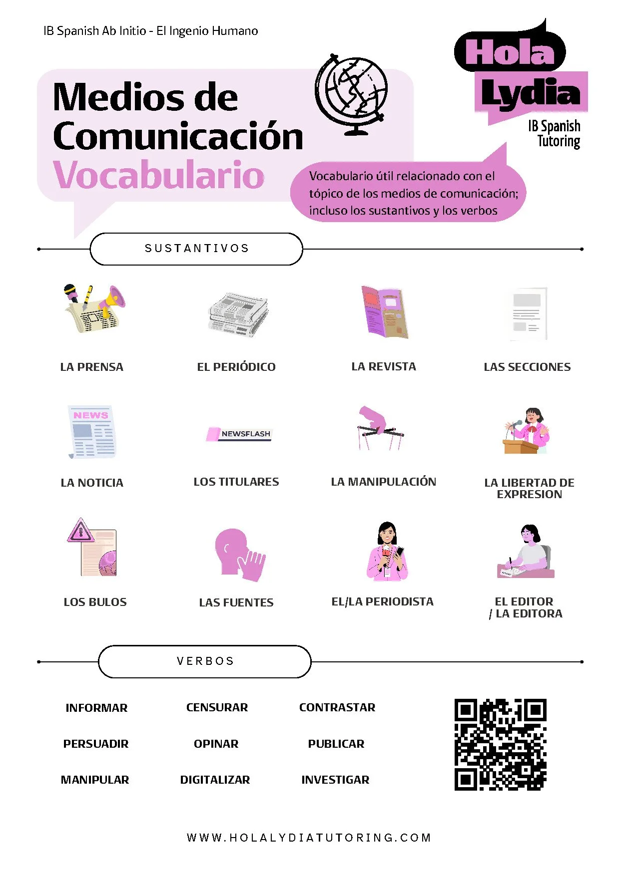 A colorful educational infographic in Spanish about media vocabulary, including types of media like press, magazine, sections, news, headlines, manipulation, sources, journalists, editors, and verbs related to communication.