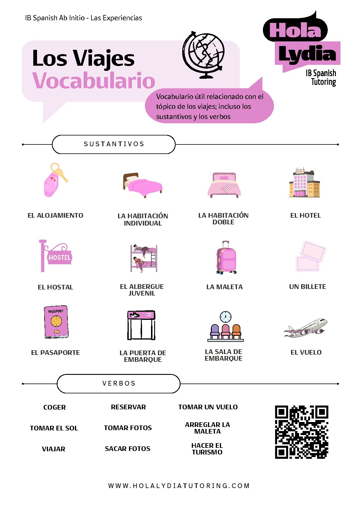 A Spanish vocabulary chart related to travel with pictures of different accommodations, luggage, and activities, including words like hotel, hostel, passport, airport gate, airplane, and travel verbs such as to travel and to take photos.