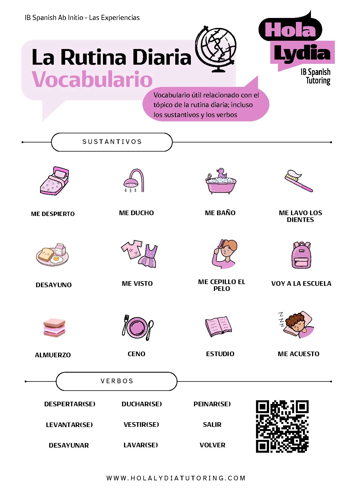An educational chart in Spanish titled "La Rutina Diaria Vocabulario" showing daily routine vocabulary with illustrations, including waking up, taking a shower, bathing, brushing teeth, having breakfast, dressing, combing hair, going to school, eating lunch, being tired, studying, and sleeping. The chart also includes a section of common verbs related to daily routines.