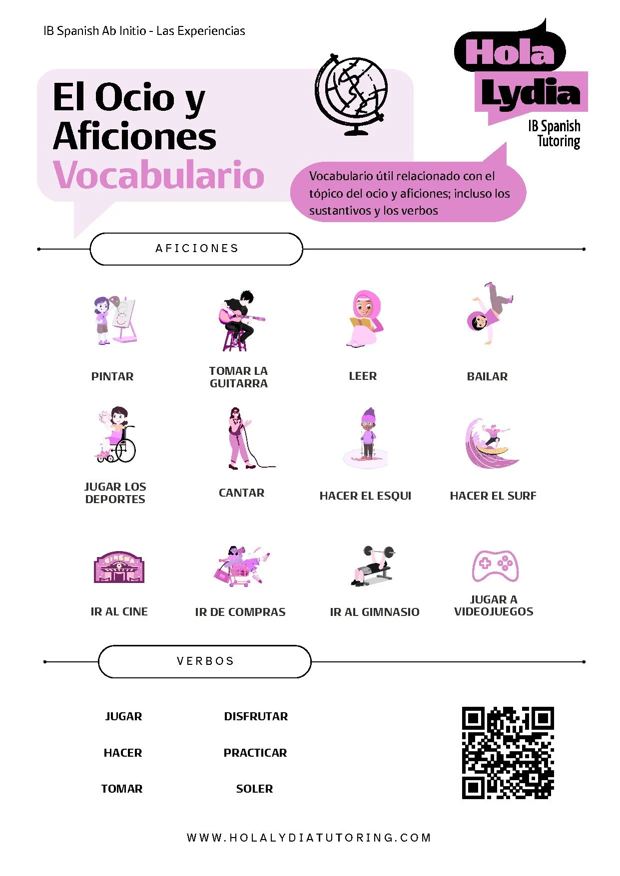 Educational worksheet in Spanish with illustrations of children engaging in various activities such as painting, playing guitar, reading, dancing, playing sports, singing, skiing, surfing, going to the movies, shopping, going to the gym, and playing video games. The worksheet is titled "El Ocio y Aficiones Vocabolario" and includes sections for vocabulary and verbs related to leisure activities.