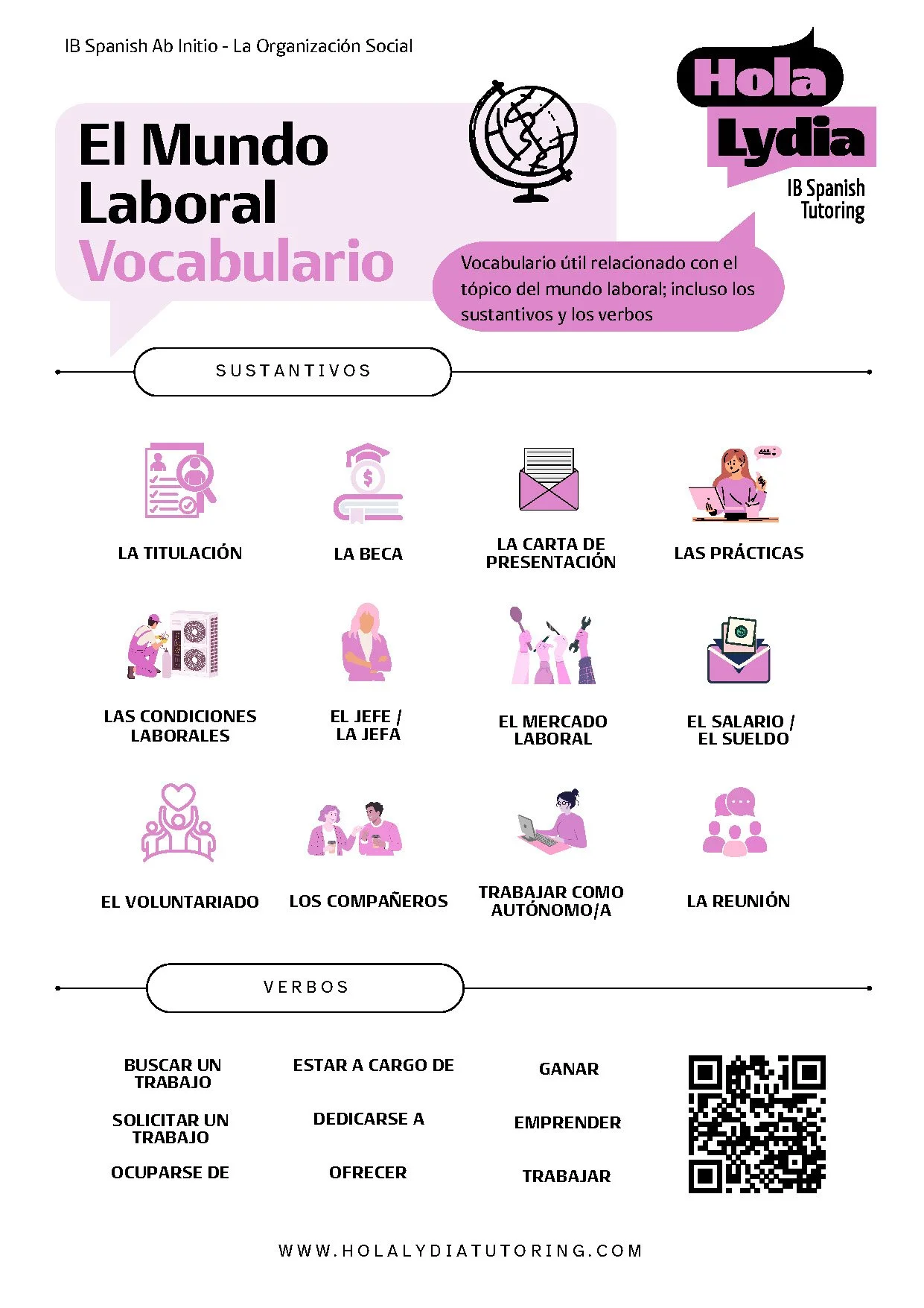 A Spanish vocabulary chart focused on the workplace, with categories for nouns and verbs, including icons representing related concepts like job title, scholarship, presentation letter, practices, work conditions, boss, labor market, salary, volunteering, colleagues, autonomous work, and meetings, with a QR code and website link at the bottom.