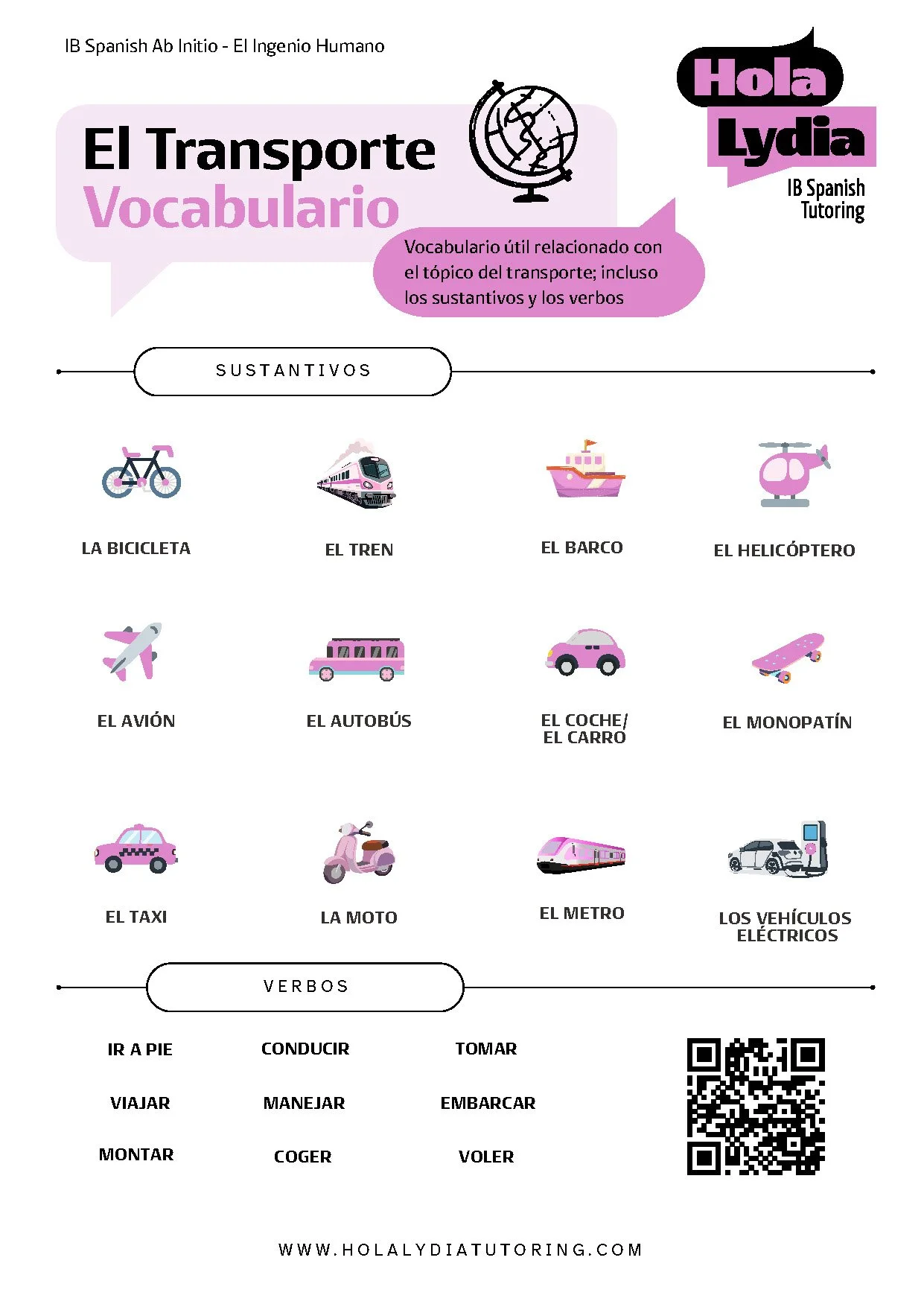 A vocabulary sheet in Spanish about modes of transportation and related verbs, including images of a bicycle, train, boat, helicopter, airplane, bus, car, electric vehicle, taxi, motorcycle, metro, and electric vehicles, along with verbs like to walk, drive, take, travel, manage, get on, and fly.