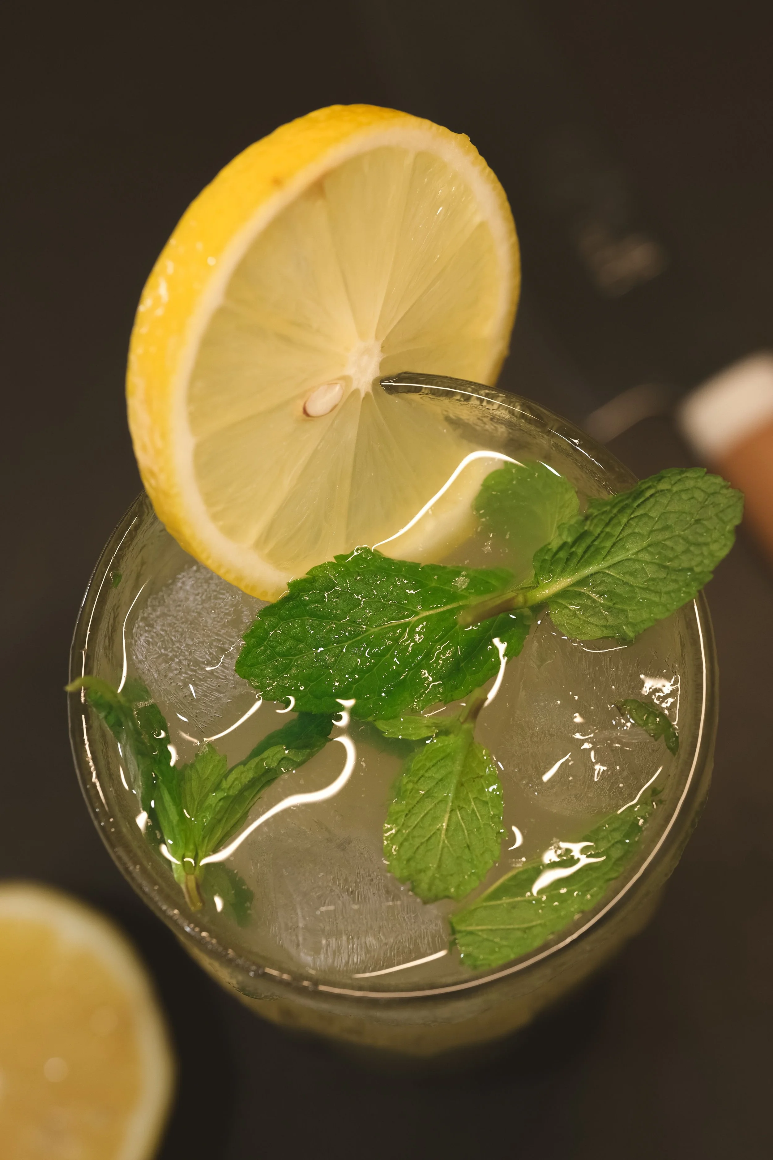 Close-up image of a lemon slice garnishing a glass of iced beverage with fresh mint leaves.