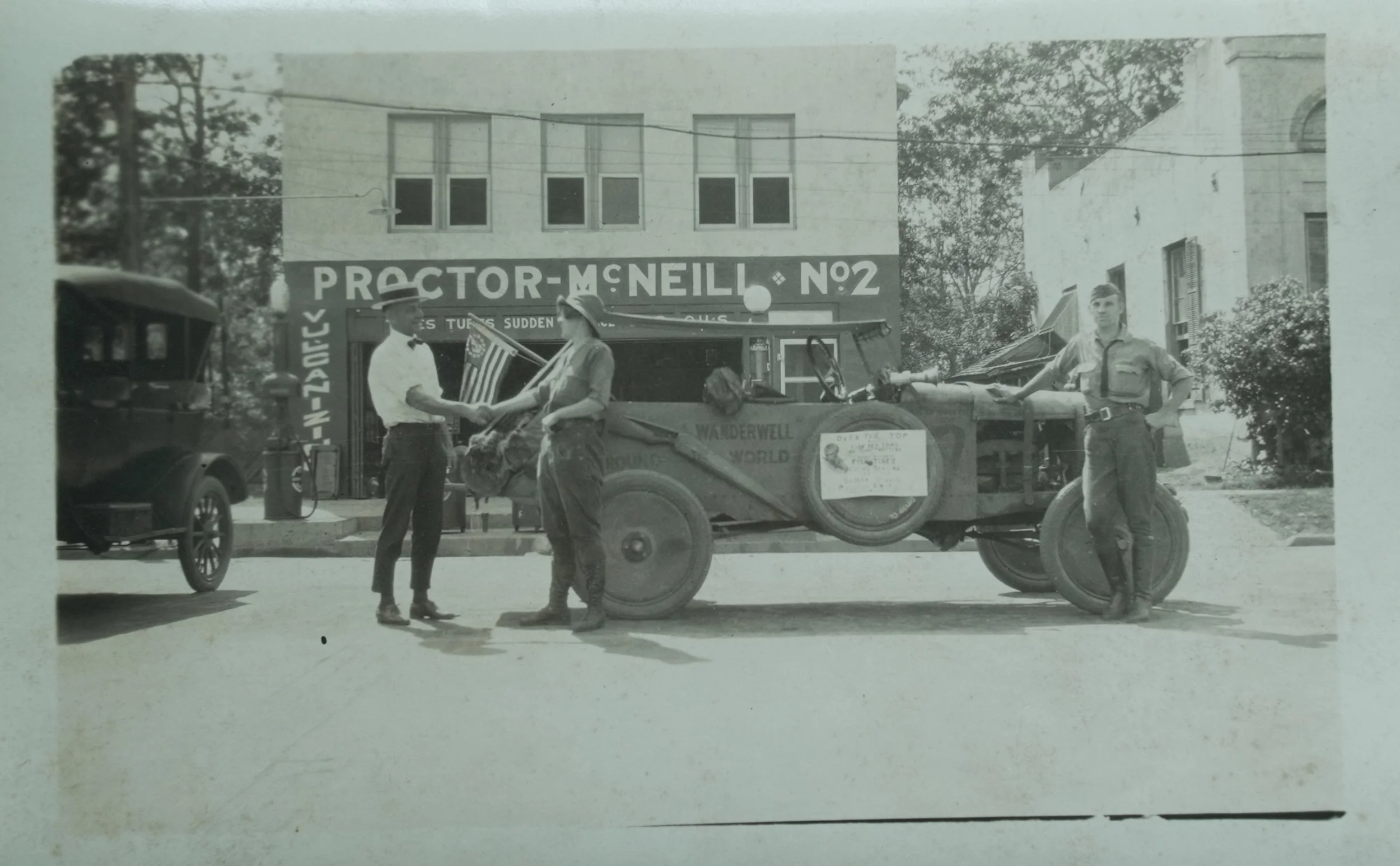 Aloha Wanderwell stops at Proctor McNeill in Tallahassee on her 1922-27 journey as the first woman to drive around the world