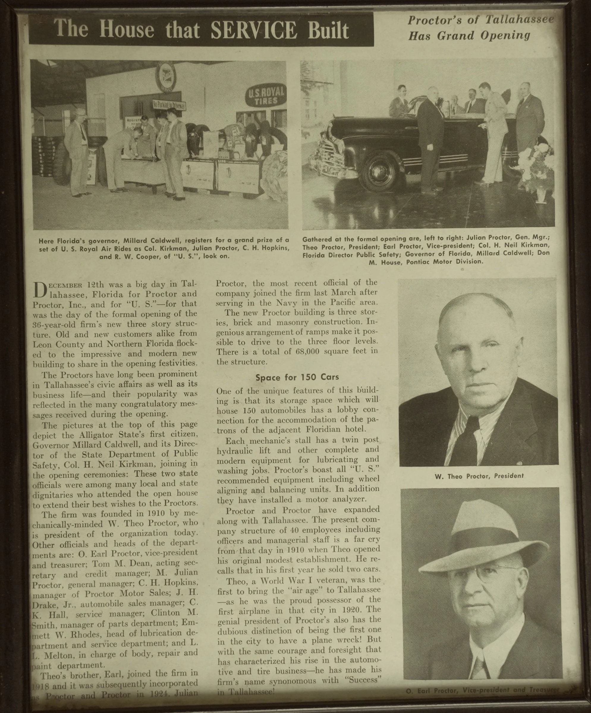 1946 newspaper highlighting Theo and Earl Proctor's grand opening of a new three-story dealership  
