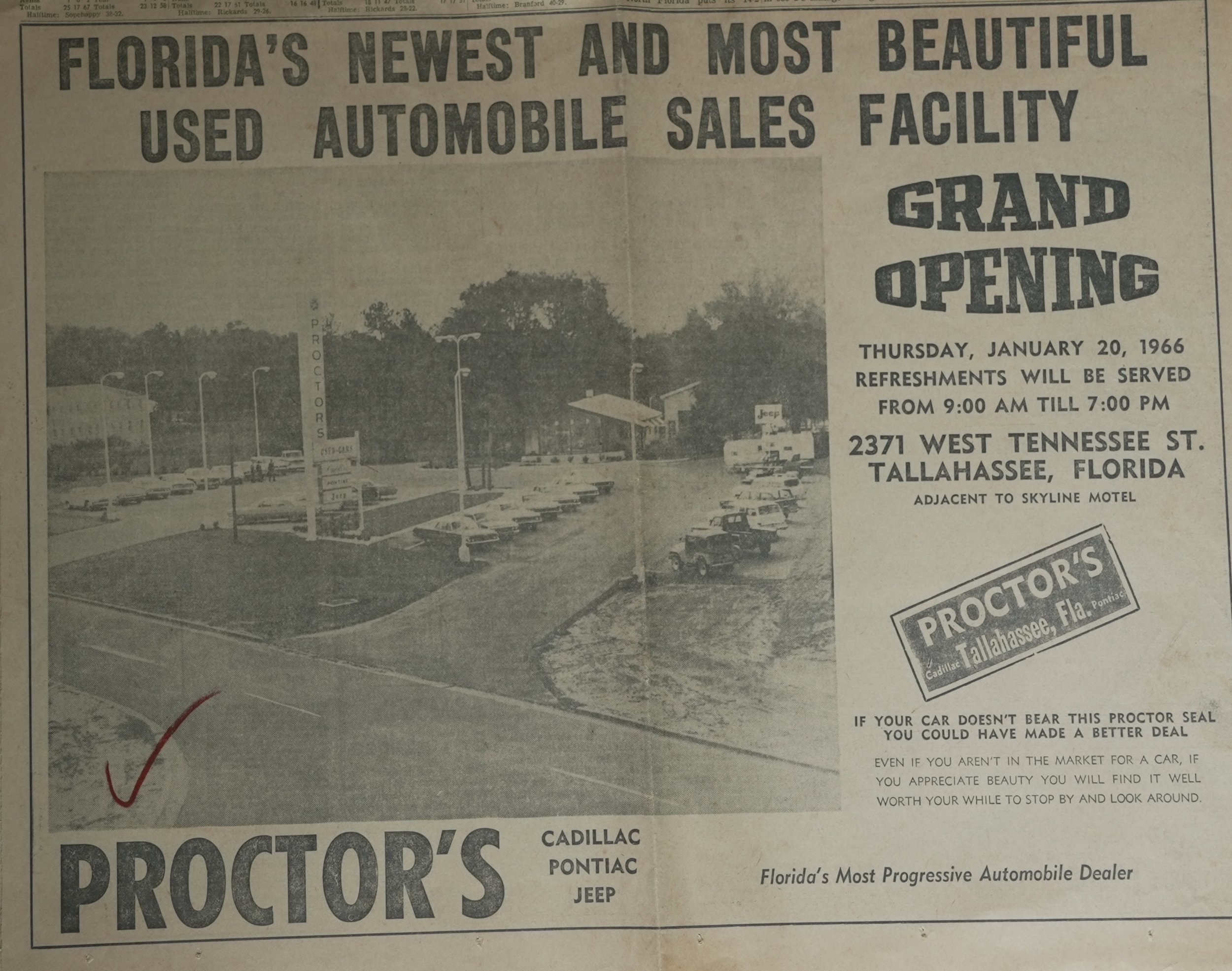1966 grand opening of new Proctor's facility selling Cadillac, Pontiac, and Jeep vehicles.