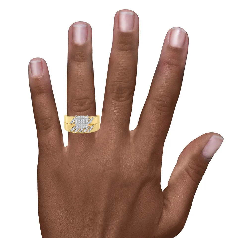 Cushion halo ring with matching bands