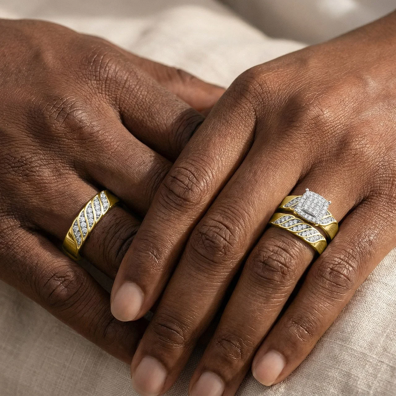Brilliant cushion-shaped cluster trio ring set