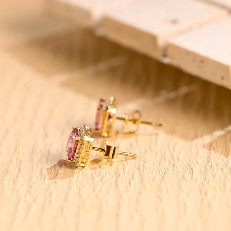 Luxury pink sapphire halo earrings for her