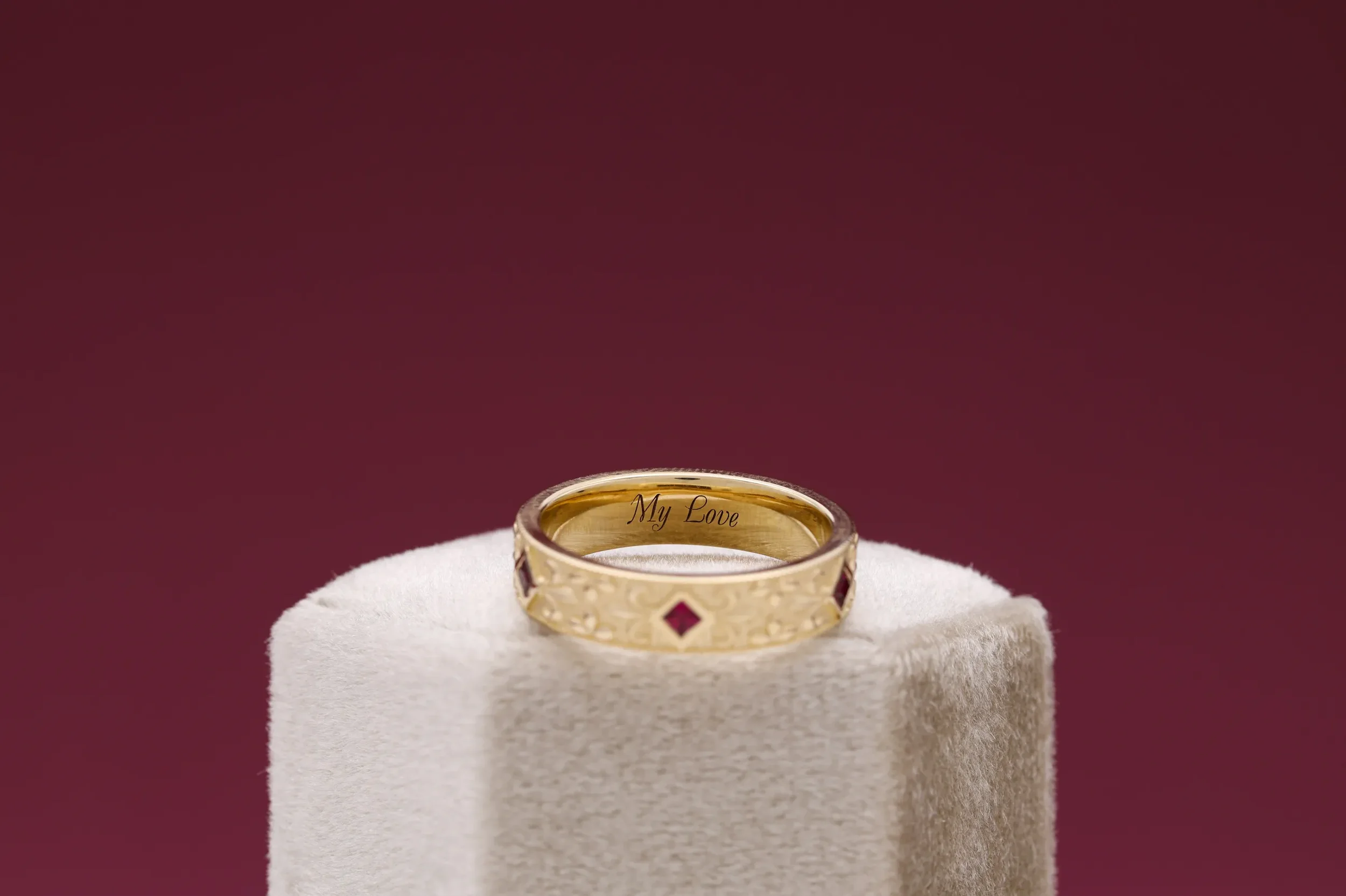 Unisex ruby wedding ring with intricate detailing