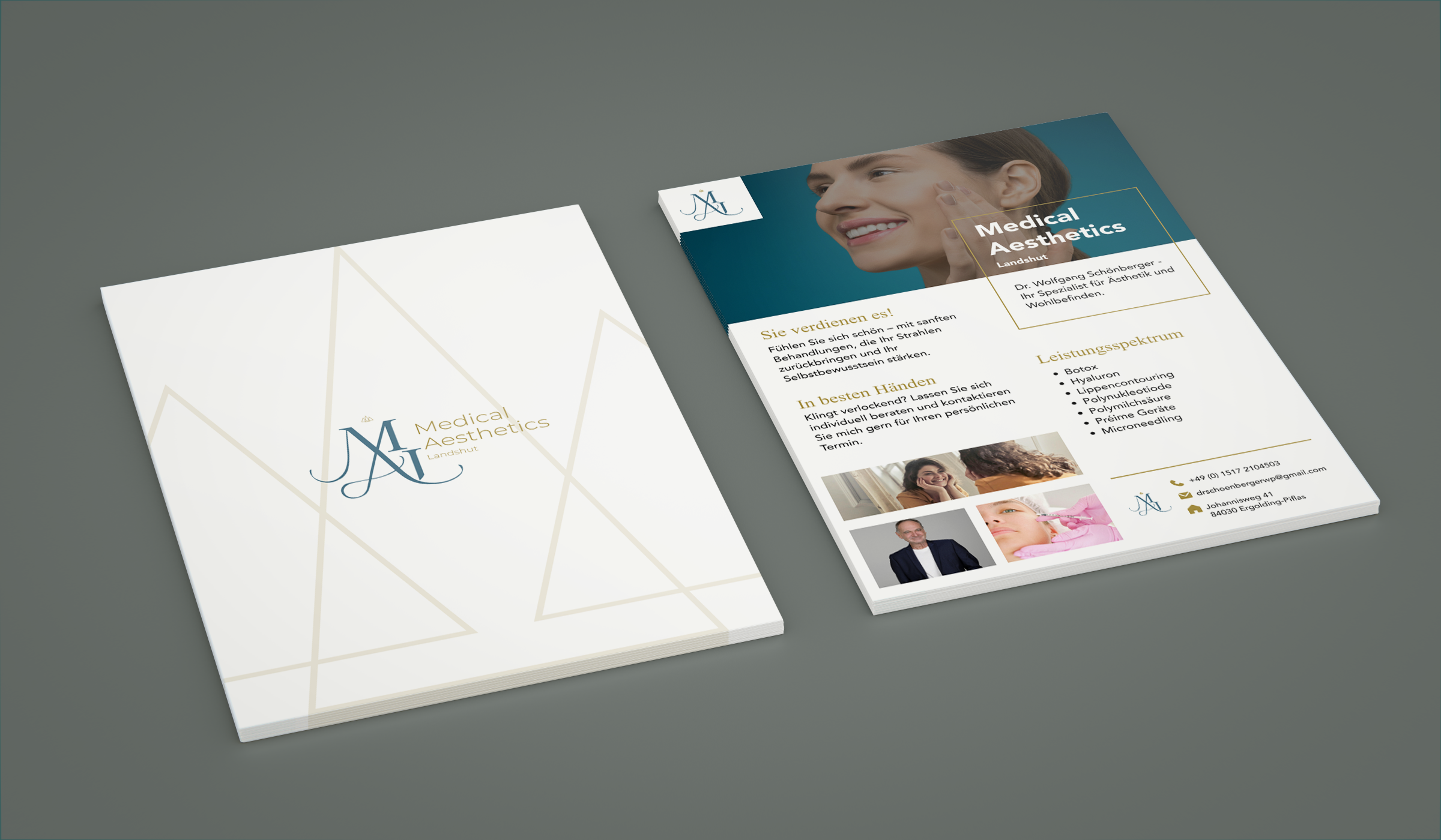 DINA4 Flyer von Medical Aesthetics auf grauem Hintergrund.