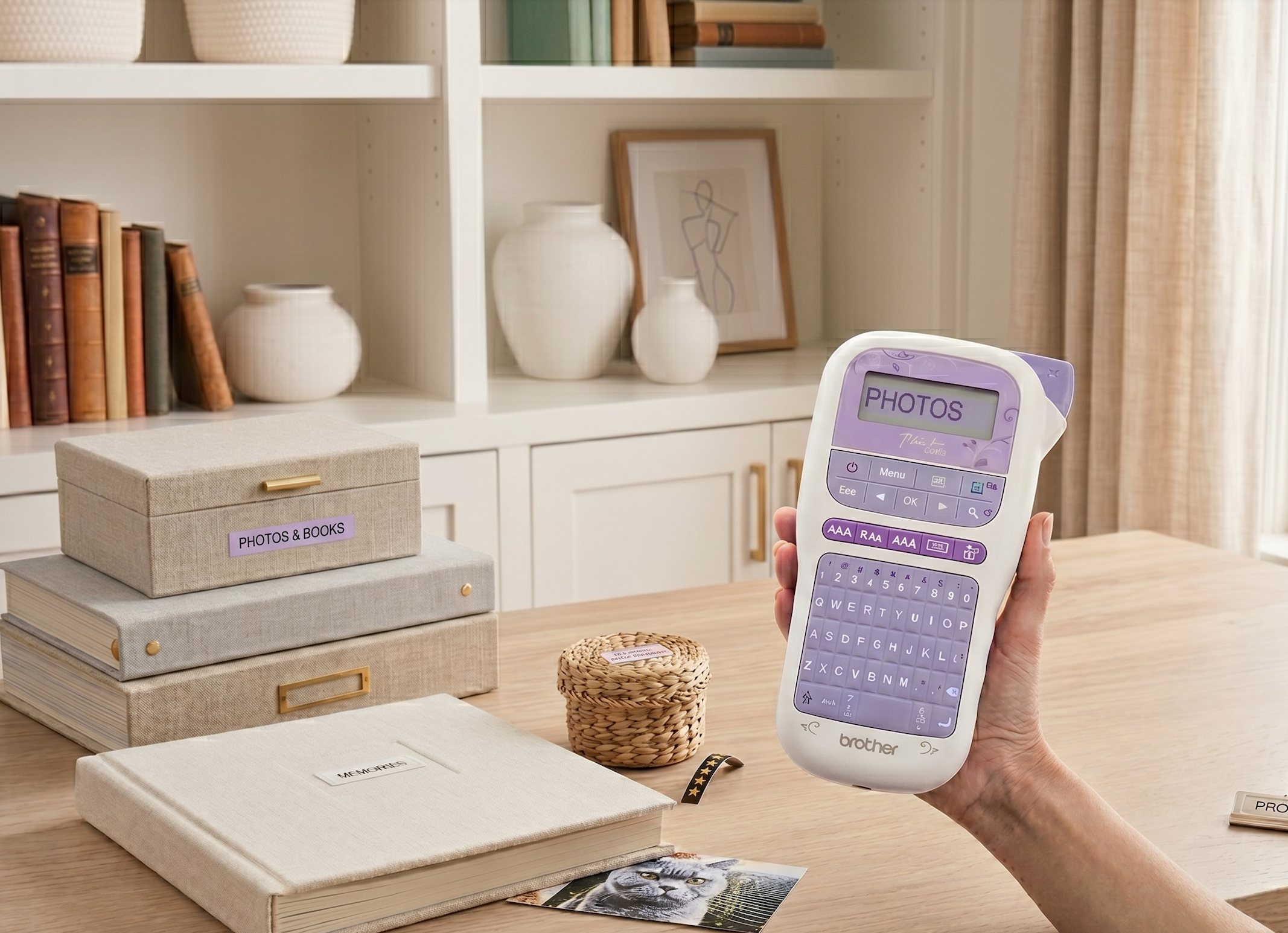 A hand holding a white and purple Brother label maker displaying the word "PHOTOS" on its screen. The background features a beautifully styled wooden desk with stacked linen storage boxes, a photo album, and white built-in bookshelves.