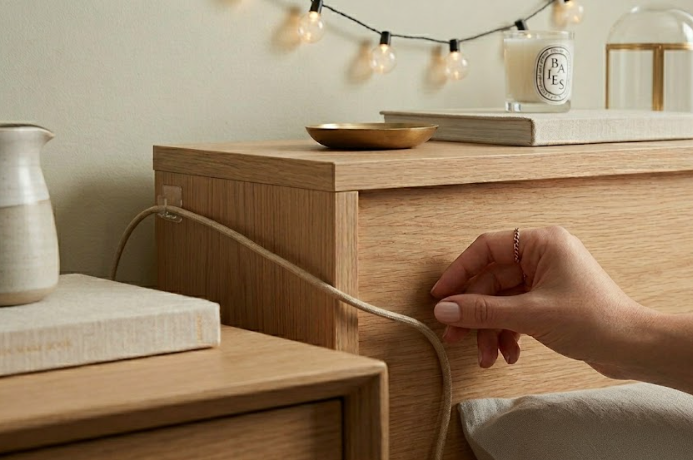 A phone charging cord cleanly guided by a single clear command clip on the hidden side panel of a light oak nightstand in a neutrally styled bedroom.