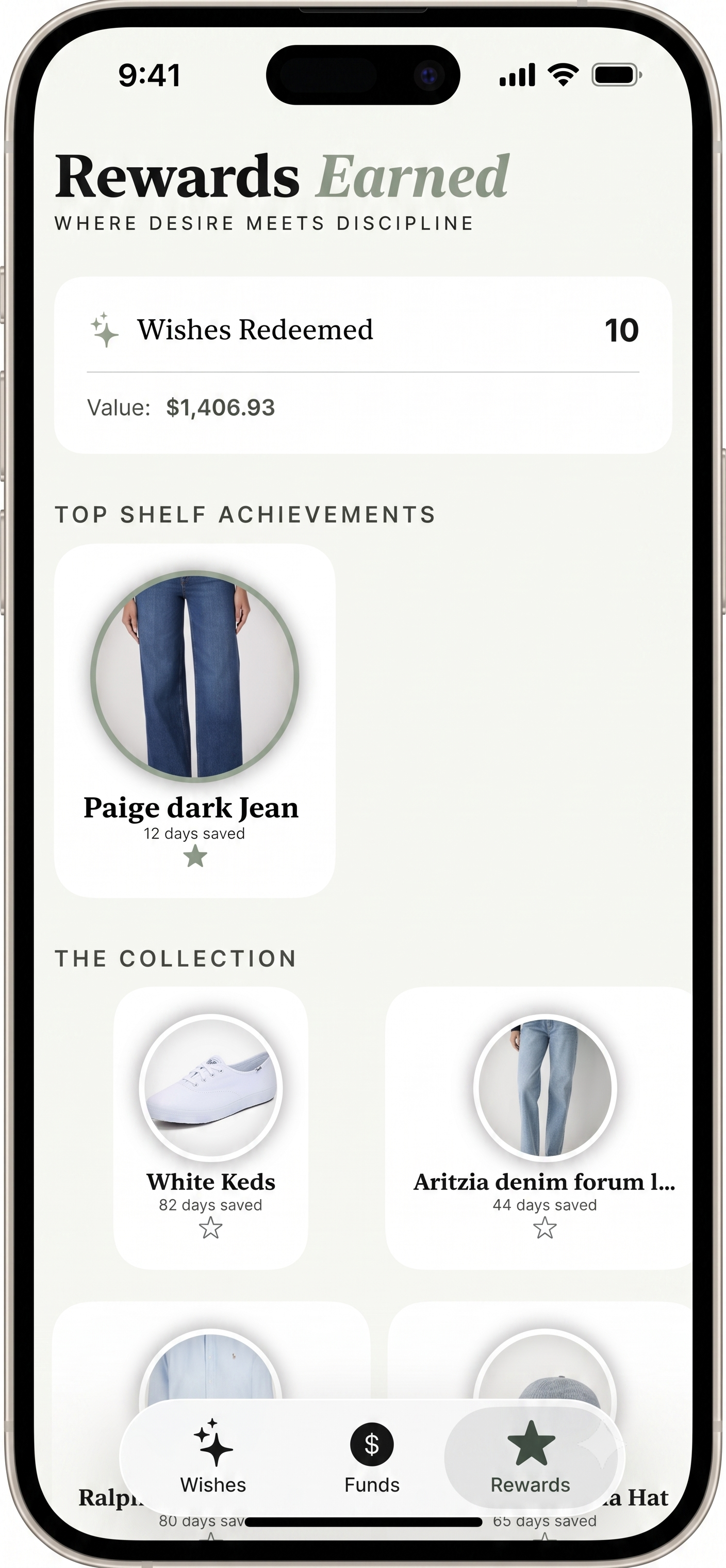 A screenshot of an iPhone app's "Rewards Earned" page. The screen displays a summary of "Wishes Redeemed," a featured "Top Shelf Achievement" of Paige dark Jeans, and a "Collection" of saved items, including White Keds.