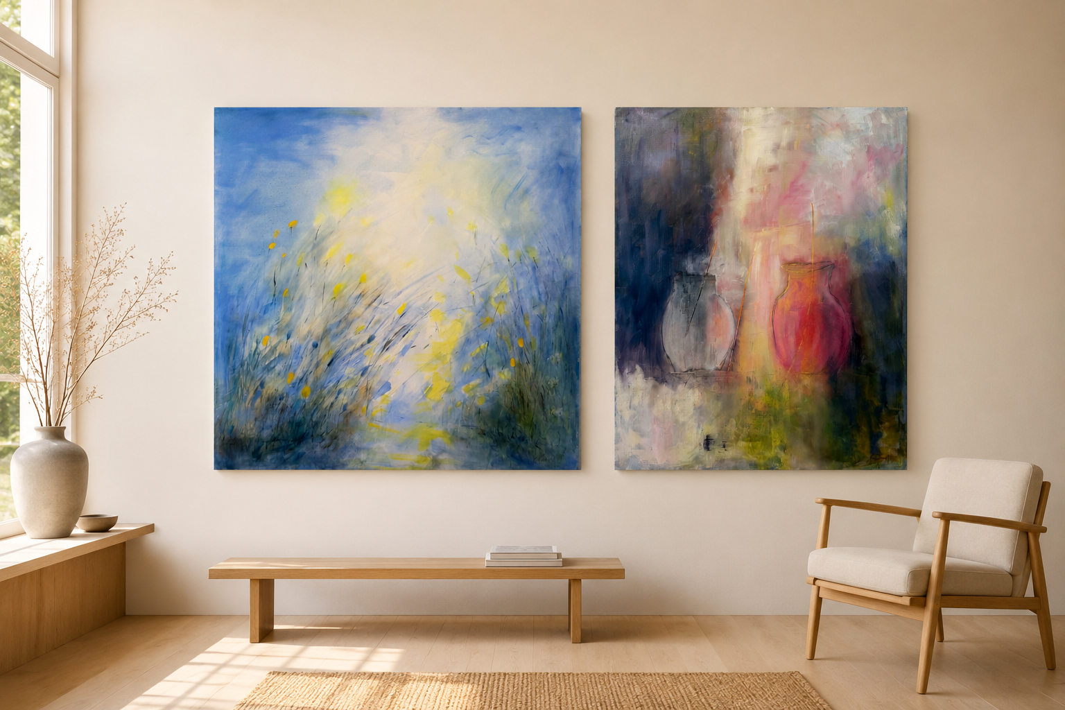 Två abstrakta konstverk på en vit vägg, ett i blåa och gula nyanser, och det andra med rosa, grått och mörka färger. I förgrunden finns en träbänk, en beige stol och en vas med torkade grenar.
