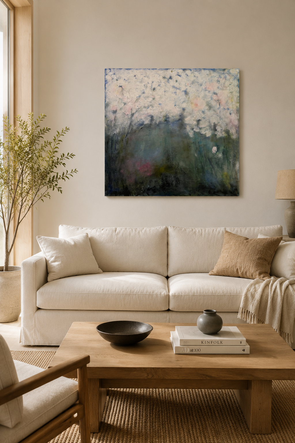Vardagsrum med en beige soffa, samt en tavla med en abstrakt målning av ett blommande träd, ett träbord med böcker och dekorativa föremål, en växt i ett hörn och ett fönster som släpper in ljus.
