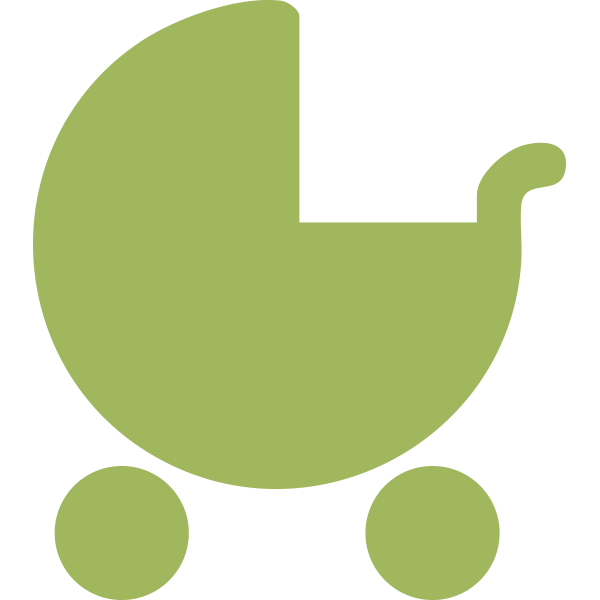 Simplified graphic of a green baby stroller with two large wheels.