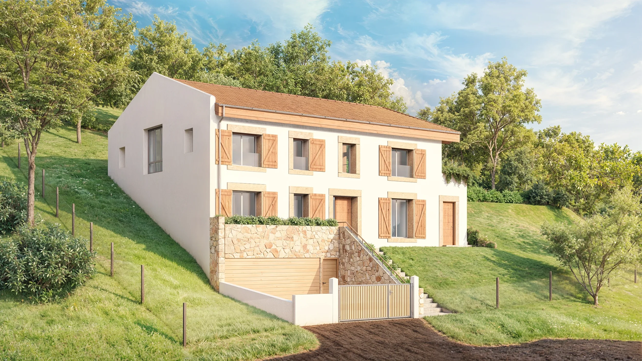 Maison individuelle à Ascain avec vue sur la Rhune, architecture contemporaine en terrain pentu