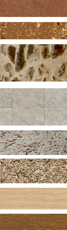 Samples of flooring and wall materials including terracotta, concrete, stone, ceramic tiles, timber and parquet flooring.