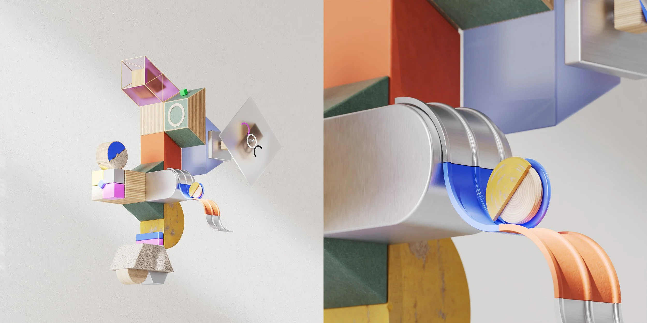 Colorful abstract sculpture made of geometric shapes and wooden blocks arranged vertically.