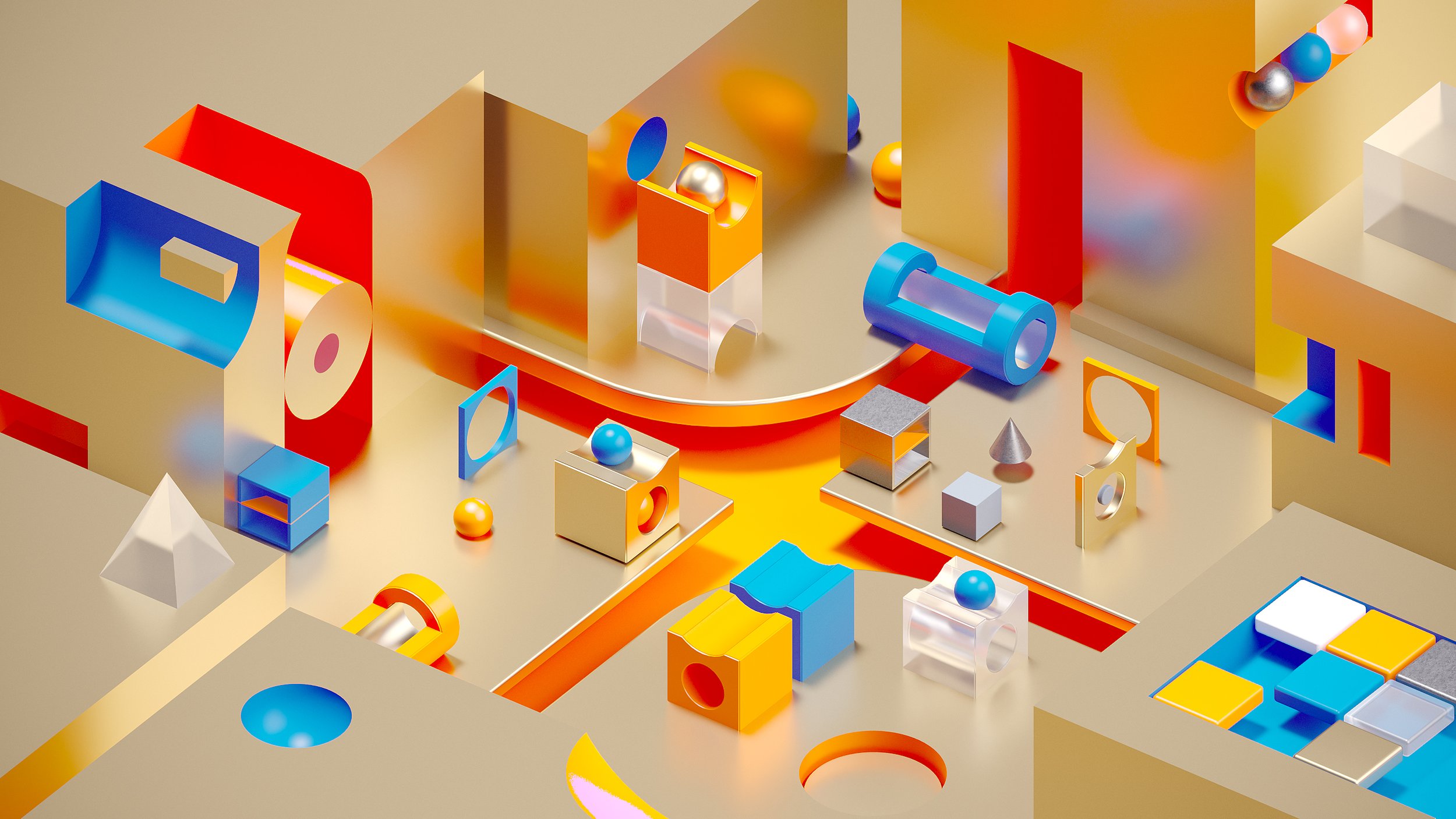 Abstract geometric composition with colorful 3D shapes including cubes, spheres, cylinders, and pyramids in red, yellow, blue, white, and metallic colors, set against a beige background.
