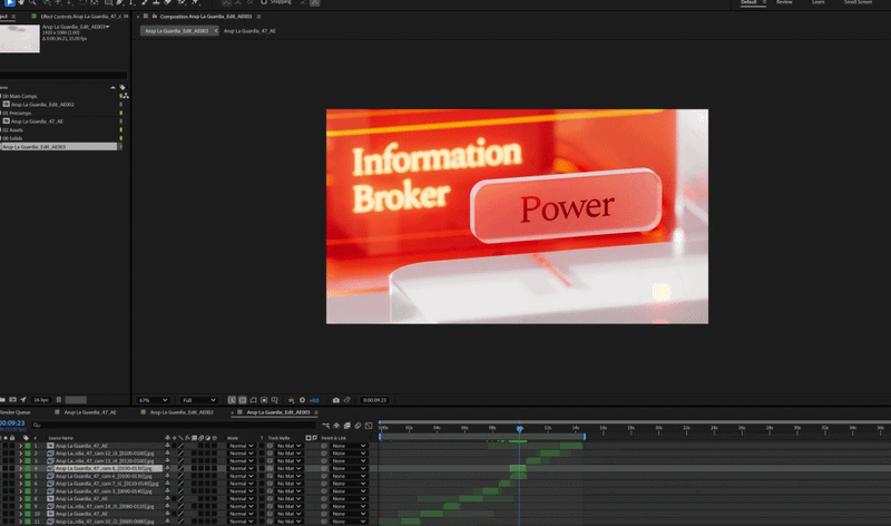 Computer screen displaying animation or presentation slide with the words 'Information Broker' and a red button labeled 'Power'.