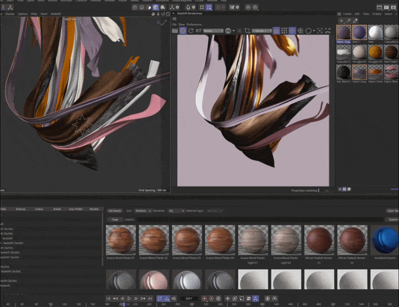 Computer screen displaying 3D digital art modeling software with an abstract, colorful 3D model and material textures at the bottom.