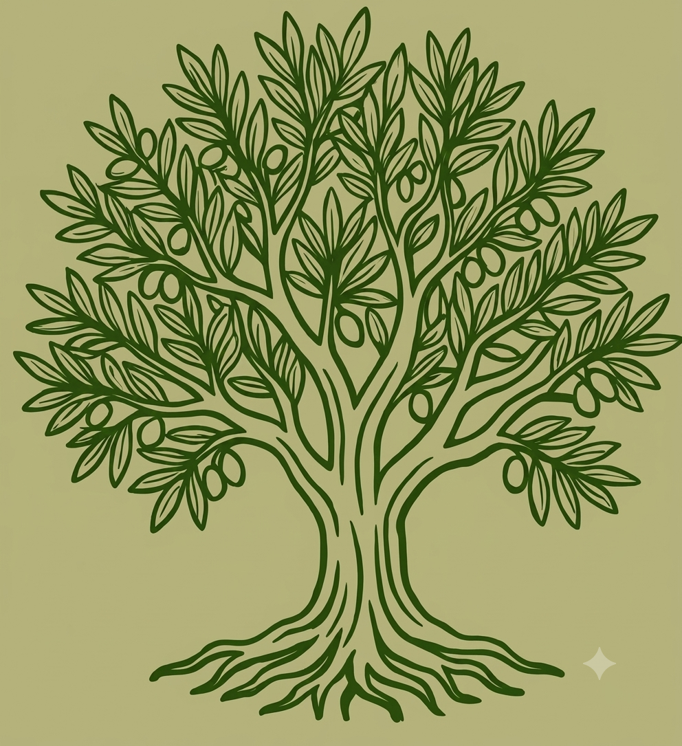 Illustration eines Baums mit grünen Blättern und Früchten auf einem hellgrünen Hintergrund.