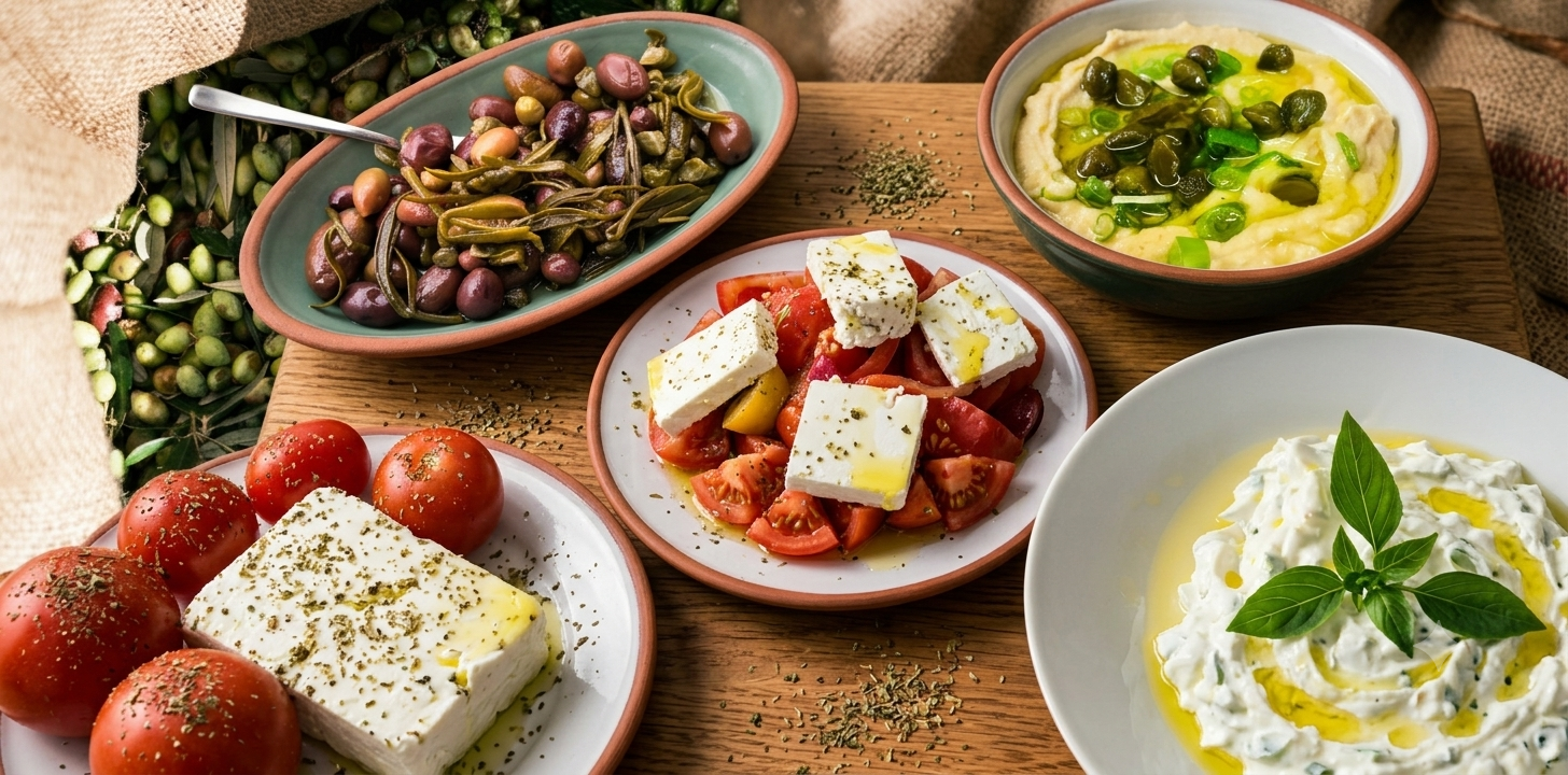 Man sieht eine typische Meze Tafel mit verschiedenen kleinen Gerichten wie Fava, Tsatsiki, Feta und Oliven