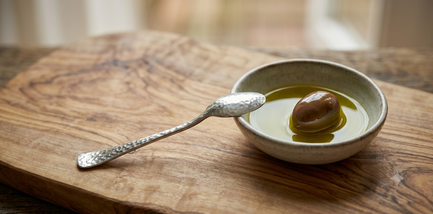 Eine kleine Schüssel mit frischem, grünen Olivenöl und einer grünen Olive, daneben ein silberner Löffel auf einem Olivenholzbrett.