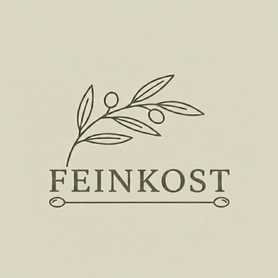 Schlichtes Logo mit einem Zweig mit Blättern und Beeren, darunter der Schriftzug 'FEINKOST' mit einer Linie.