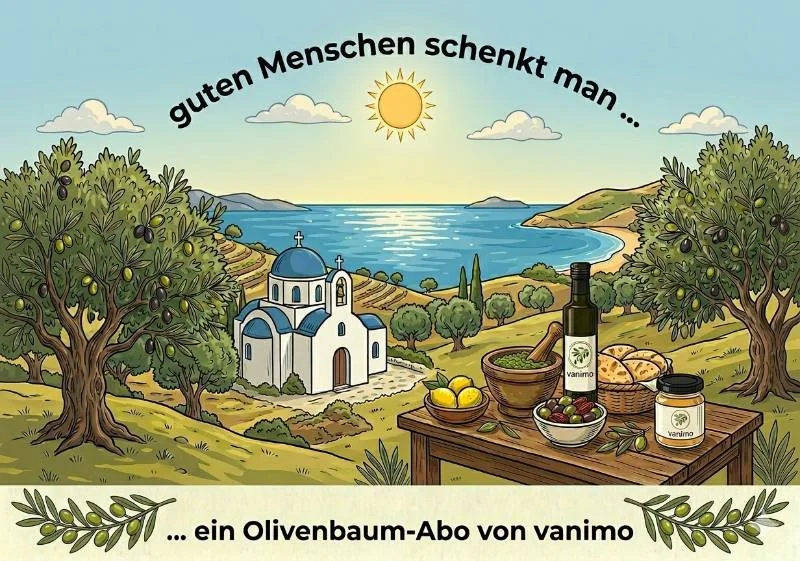 Unsere Postkarte, die eine typische griechische Landschaft zeigt mit dem Text 2Guten Menchen schnekt man ein Olivenbaum-Abo"