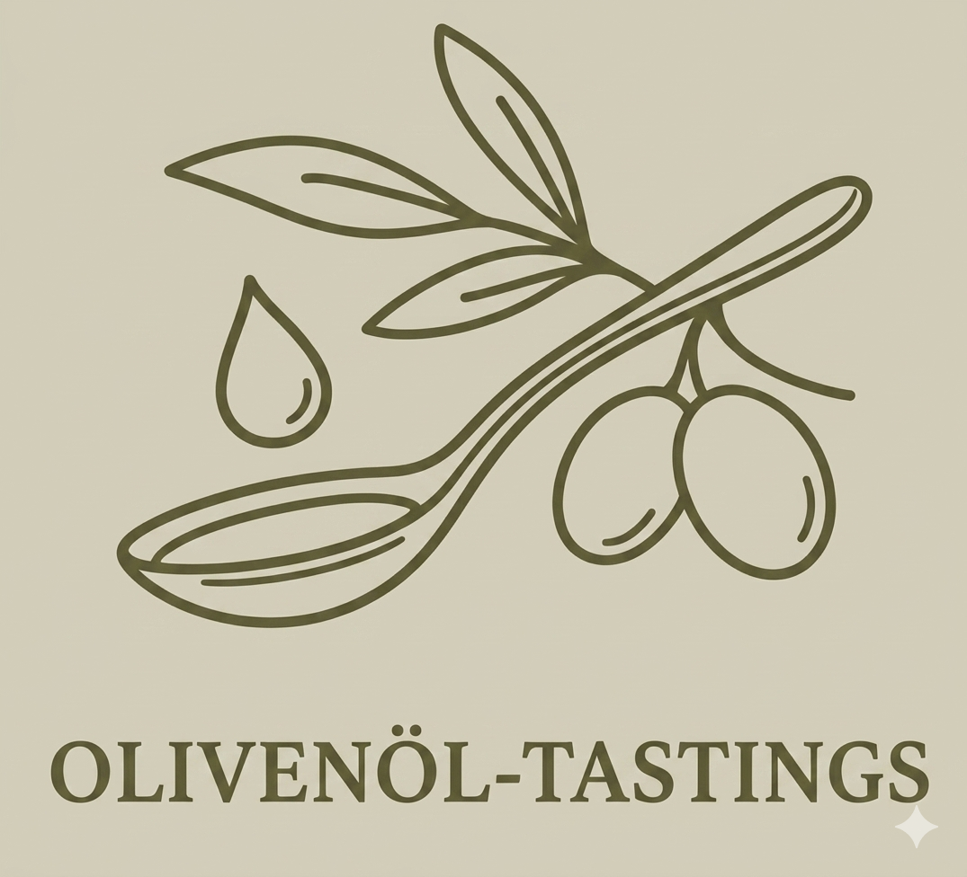 Zeichnung von Oliven und Olivenzweigen mit Blättern und einem Tropfen, darunter der Text 'OLIVENÖL-TASTINGS'